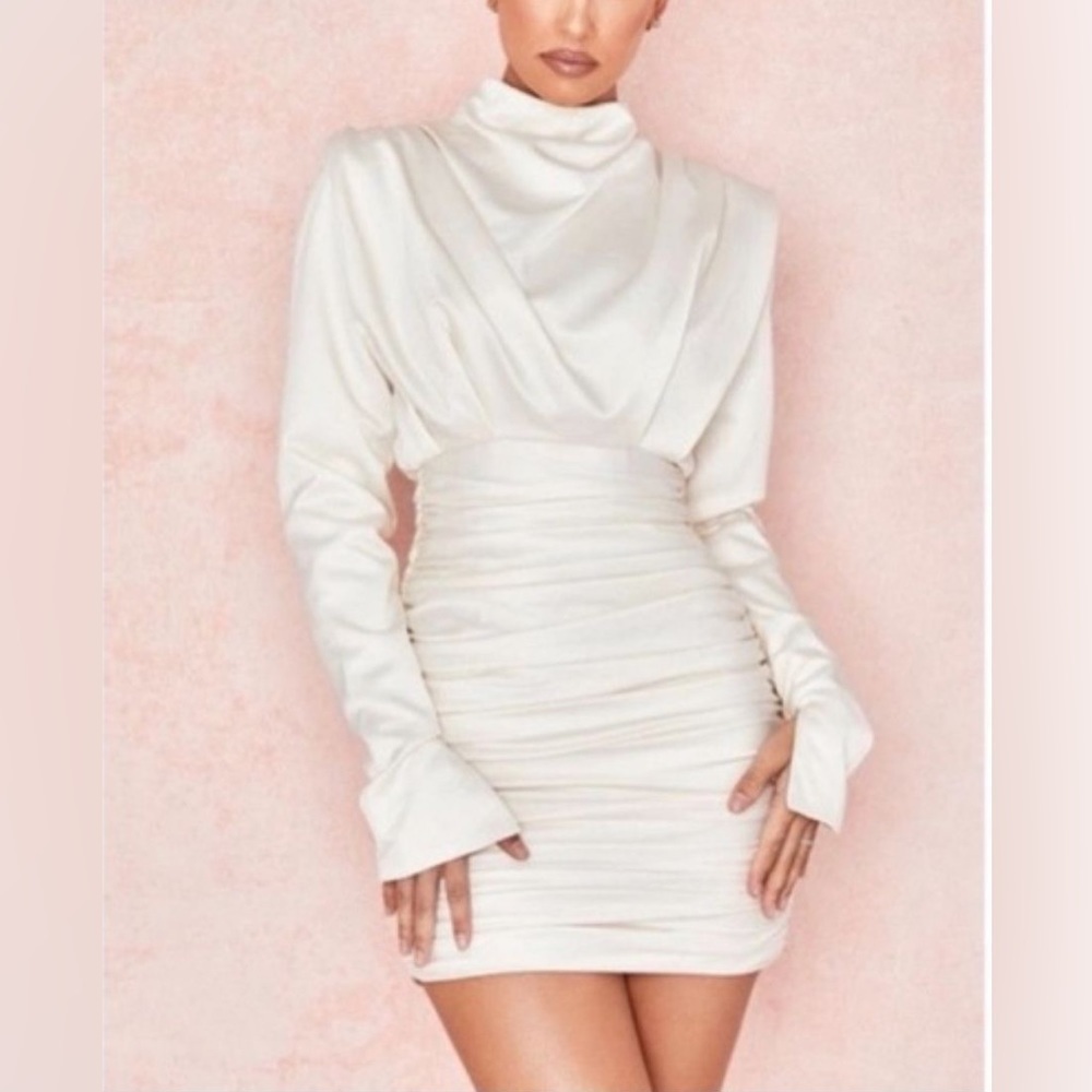 House of CB Giorgiana Ivory Satin Draped Mini Dress Size S - Picture 2 of 9